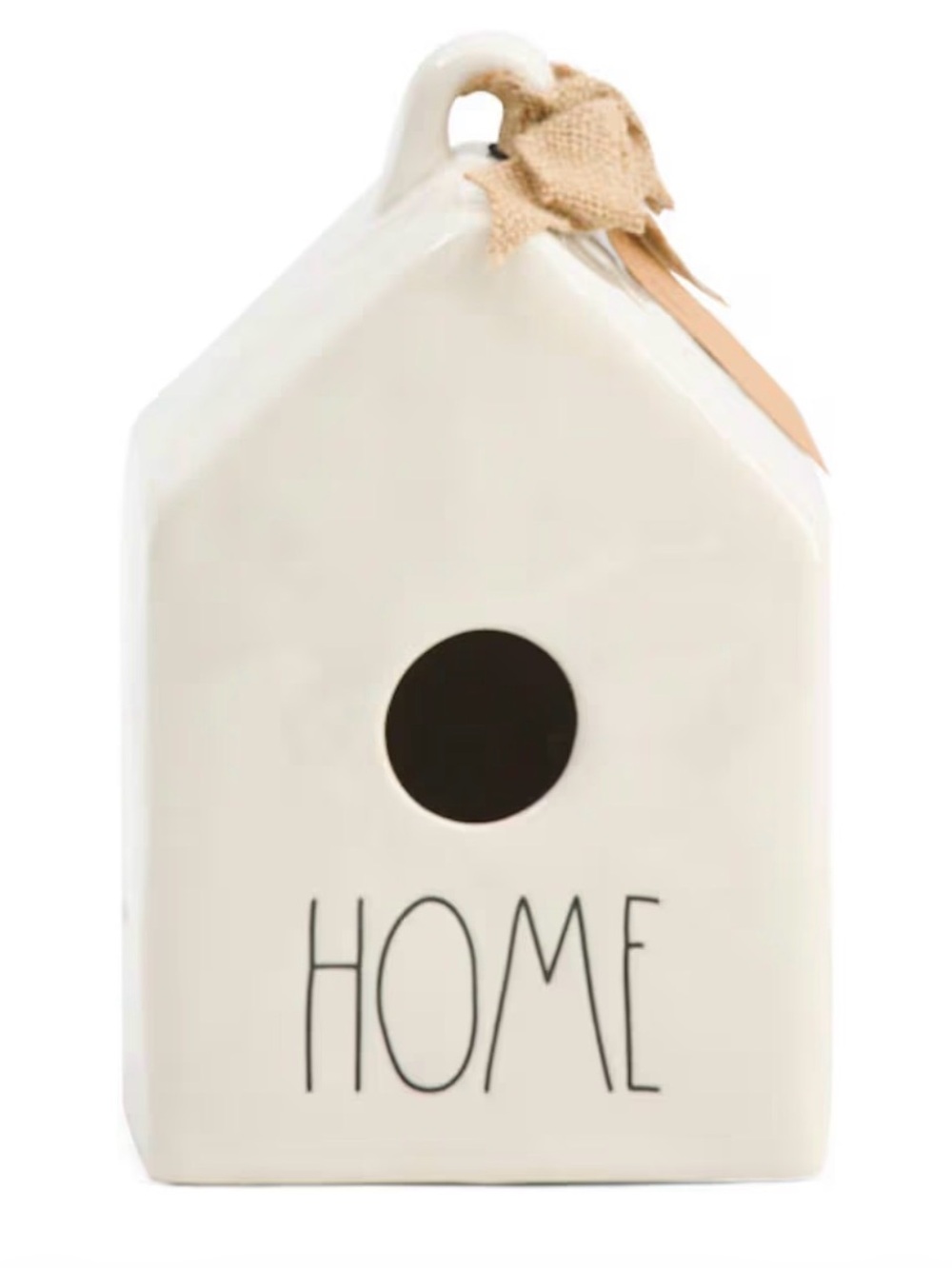 Rae Dunn White Ceramic Black Script HOME Birdhouse with Burlap Ribbon NEW